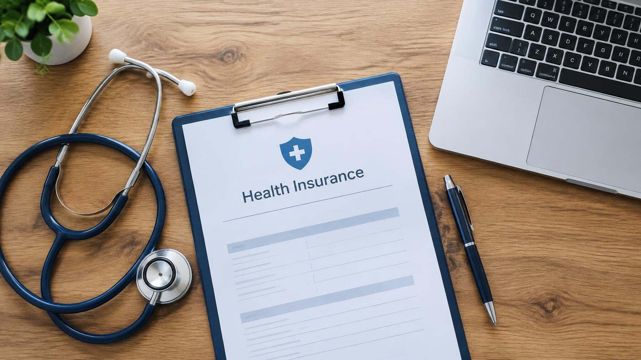 Health insurance documents and stethoscope on a desk