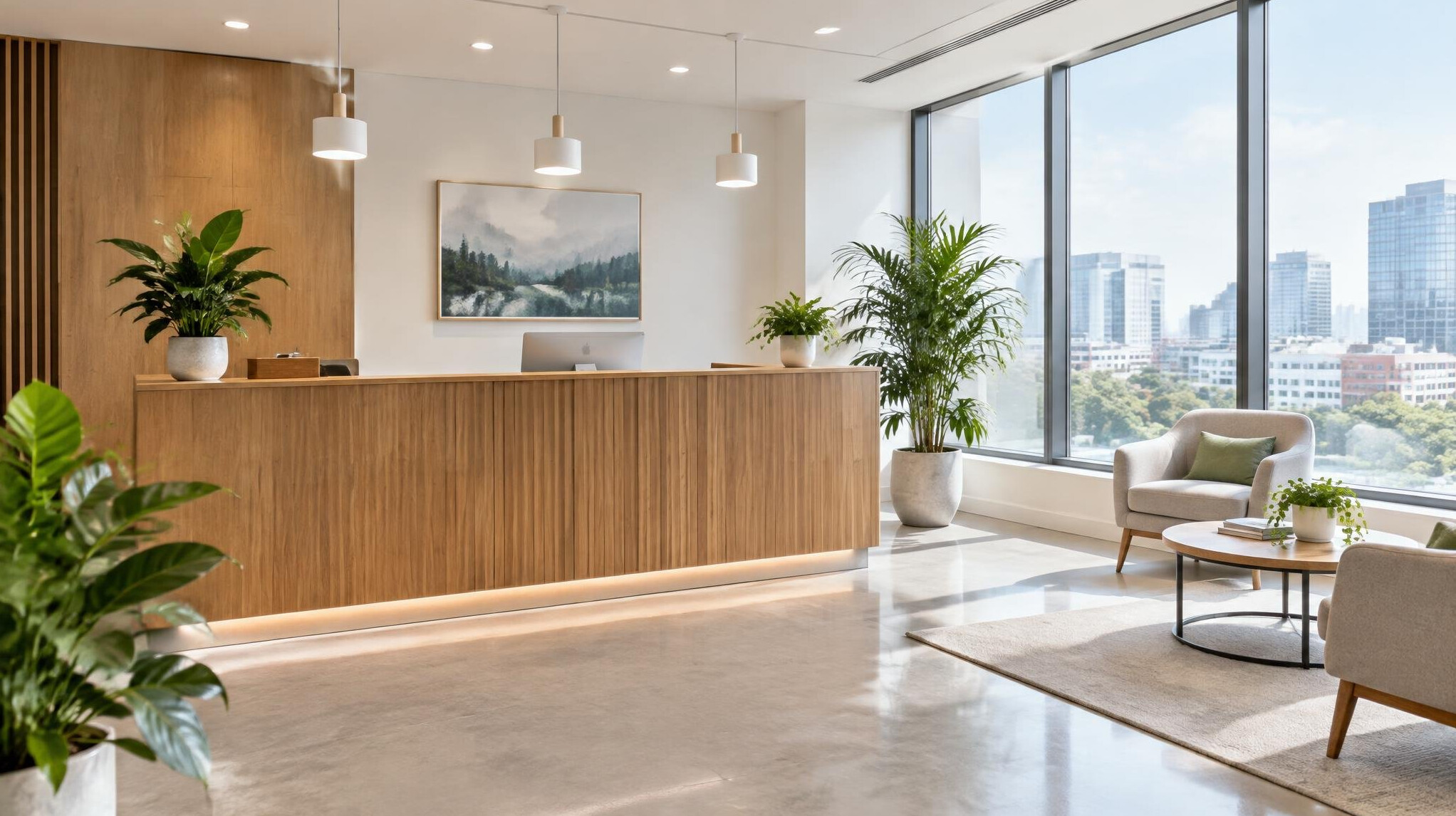 Modern office reception desk with plants