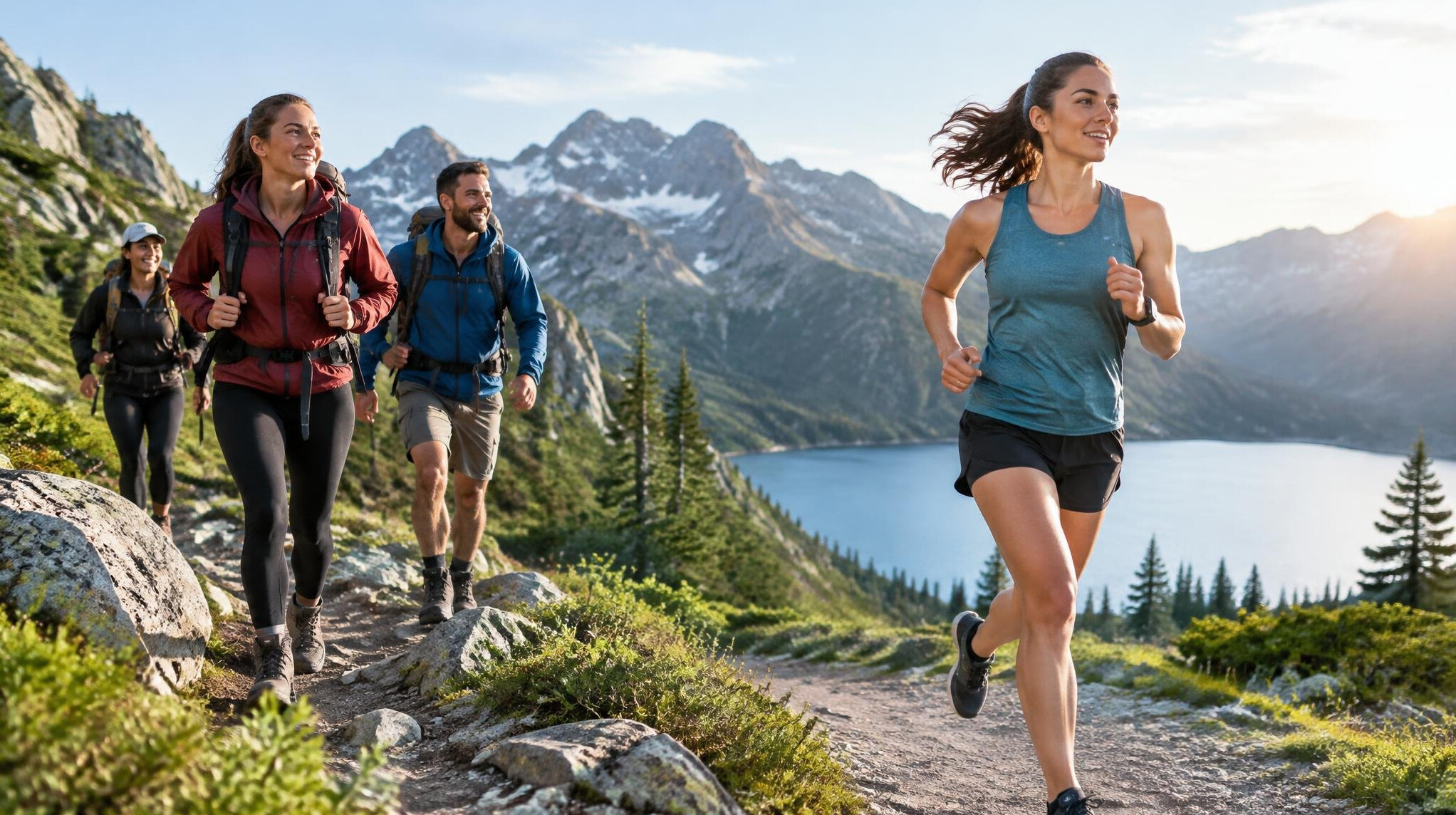 active people hiking in mountains